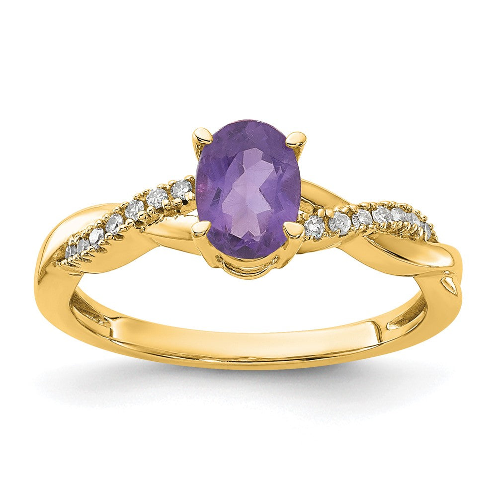 14K Yellow Gold 7x5 Oval February/Amethyst and Diamond Size 7 Ring