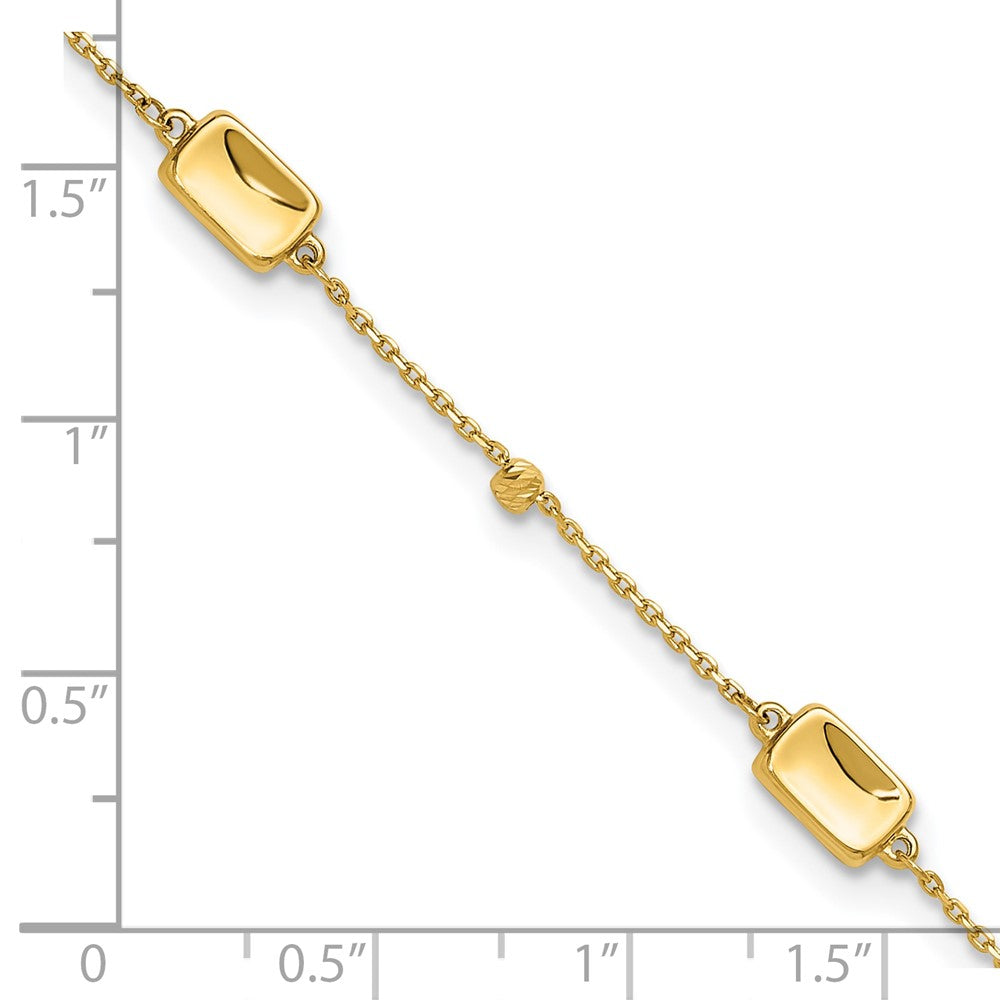 14K Yellow Gold Rectangle and Diamond-cut Bead 9 Inch Plus 1 Inch Extender - Total 10 Inch Anklet