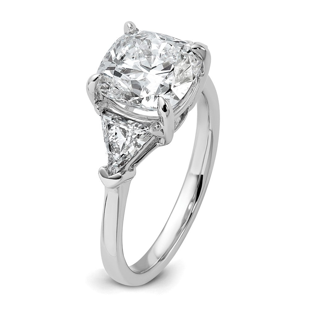 14K White Gold 4 carat Certified Lab Grown Diamond VS/SI+ G+ Cushion and Triangle Complete Three Stone Engagement Ring