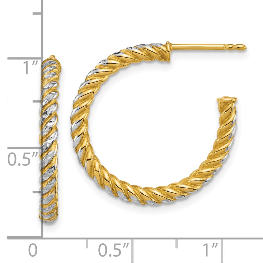 14K Yellow Gold with Rhodium Polished Diamond-cut Twisted 2.75mm Tube C-Hoop Post Earrings