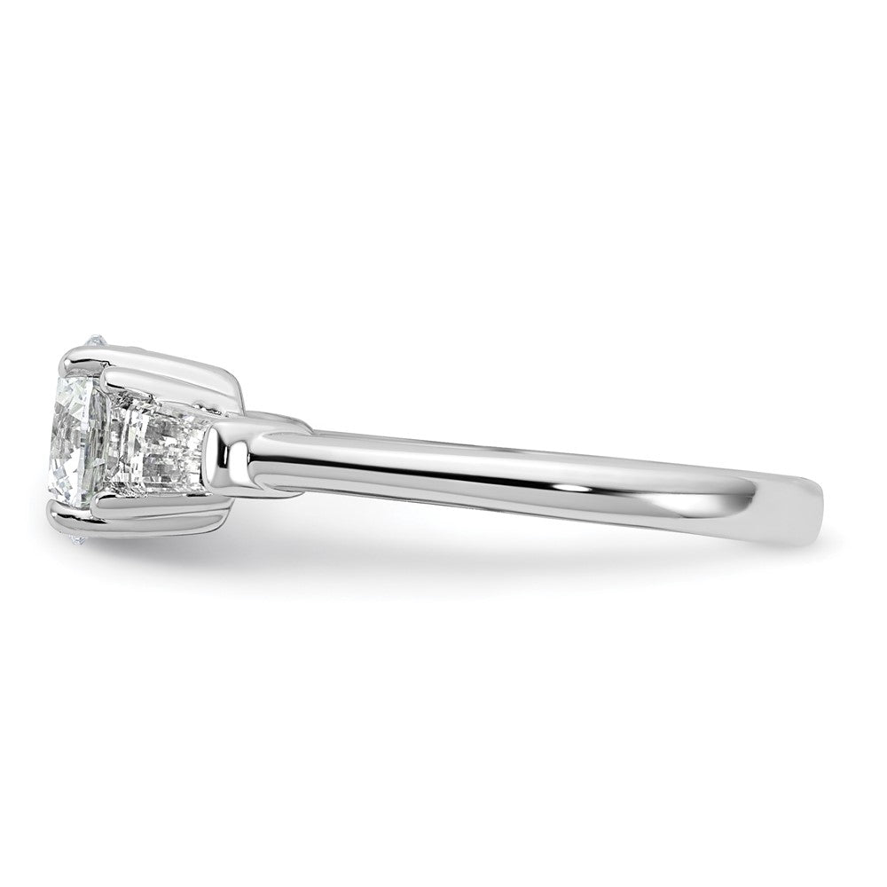 14K White Gold 1 1/2 carat Lab Grown Diamond VS+ F+ Round and Tapered Baguette Complete Three Stone Engagement Ring