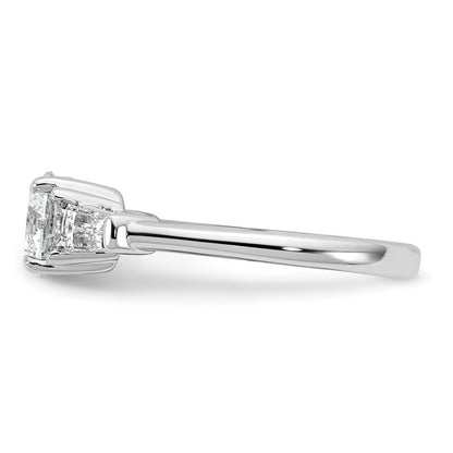 14K White Gold 1 1/2 carat Lab Grown Diamond VS+ F+ Round and Tapered Baguette Complete Three Stone Engagement Ring