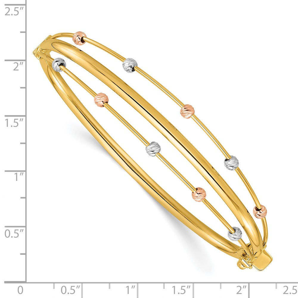 14K Tri-Color Gold Tri-color Polished 3-Row Diamond-cut Beaded Hinged Oval Bangle Bracelet