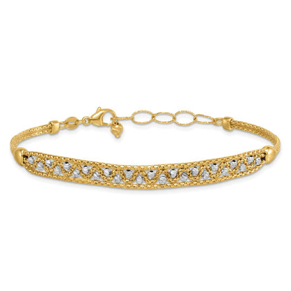 14K Two-Tone Gold Textured Diamond-cut 7mm Beaded 7.5 Inch Bracelet Plus 1 Inch Extender