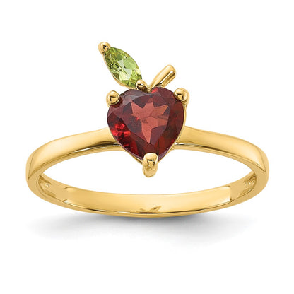 14K Yellow Gold Heart-shaped Garnet and Peridot Apple Size 7 Ring