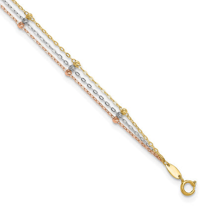 14K Tri-Color Gold Tri-color 3-Strand Diamond-cut Beaded 9-Station 9 Inch Plus 1 Inch Extender - Total 10 Inch Anklet