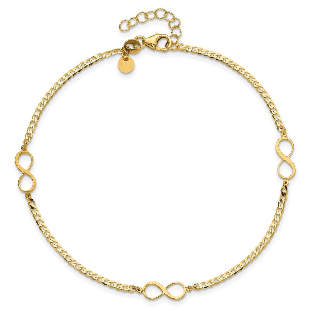 14K Yellow Gold Polished Infinity 3-Station 9 Inch Plus 1 Inch Extender - Total 10 Inch Anklet