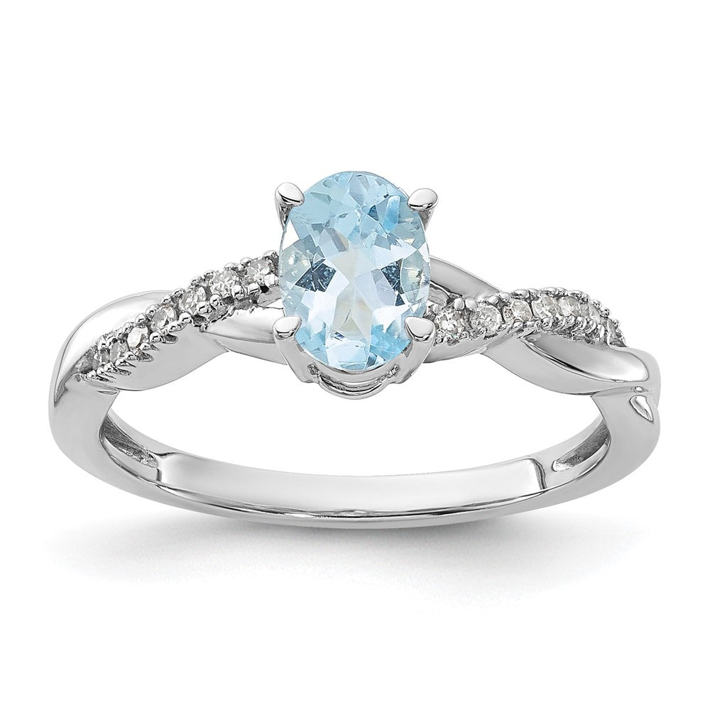 14K White Gold 7x5 Oval March/Aquamarine and Diamond Size 7 Ring