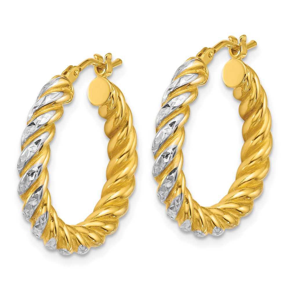 14K Yellow Gold with Rhodium Polished Diamond-cut Twisted 3.75mm Tube Hoop Earrings