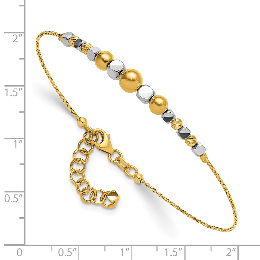 14K Two-Tone Gold Polished Diamond-cut Round and Square Beaded 7 Inch Bracelet with 1 Inch Extension