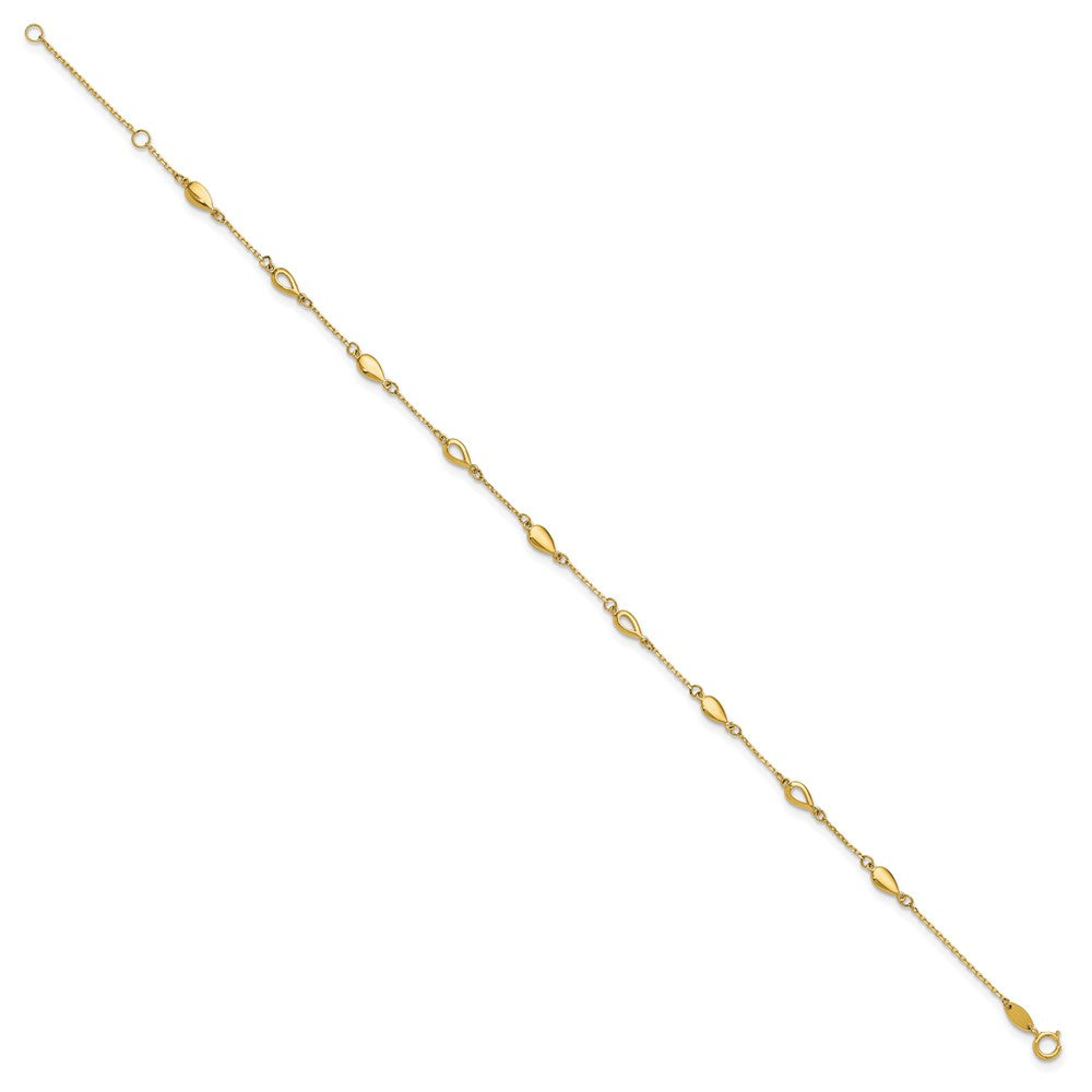14K Yellow Gold Polished Teardrop 9 Inch Plus 1 Inch Extender - Total 10 Inch Anklet