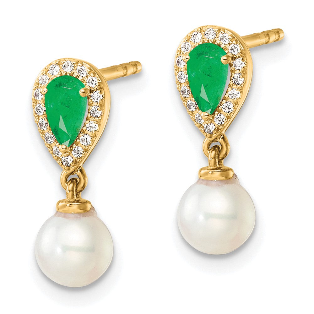 14K Yellow Gold Round Freshwater Cultured Pearl/.09 carat Diamond/Pear Emerald Dangle Post Earrings