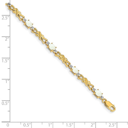 14K Yellow Gold Complete Diamond and Oval Opal X-design 7.25 Inch Bracelet