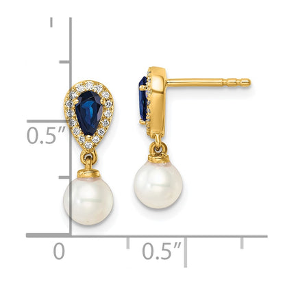 14K Yellow Gold Round Freshwater Cultured Pearl/.09 carat Diamond/Pear Sapphire Dangle Post Earrings