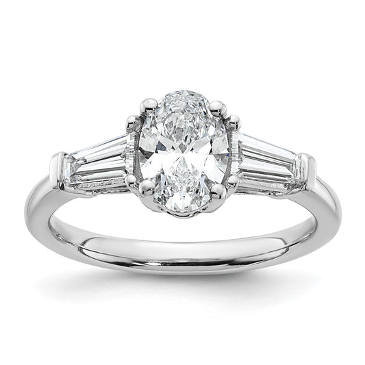 14K White Gold 1/2 carat Lab Grown Diamond VS+ F+ Tapered Baguette 1 carat Oval Semi Mount Three Stone Engagement Ring
