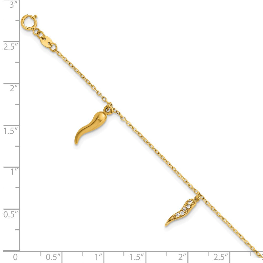14K Yellow Gold Polished CZ Three Italian Horn Dangles 5.75 Inch Childrens Bracelet Plus 0.75 Inch Extender