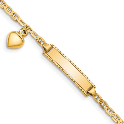 14K Yellow Gold Polished Solid Chain/Solid Plate Heart Dangle Anchor Link 20x5mm Plate 5.5 Inch Baby/Child ID Bracelet