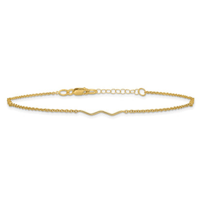 14K Yellow Gold Wavy Bar 3-Station 9 Inch Plus 1 Inch Extender - Total 10 Inch Anklet