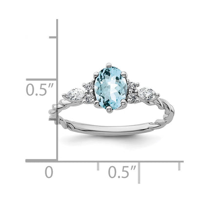 14K White Gold Diamond and 7x5 Oval March/Aquamarine Size 7 Twisted Ring