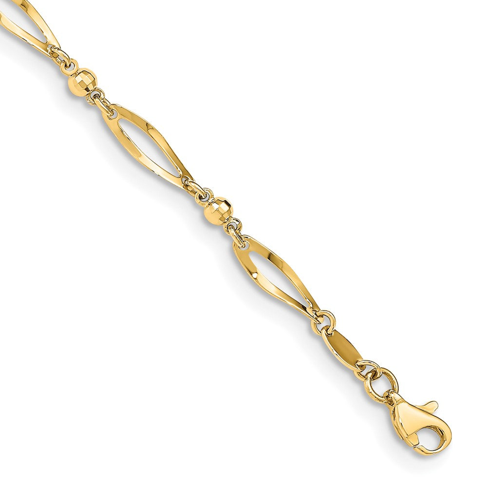 14K Yellow Gold Polished Twisted Oval and Mirror Beads 9 Inch Anklet