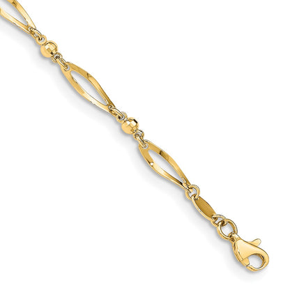 14K Yellow Gold Polished Twisted Oval and Mirror Beads 9 Inch Anklet