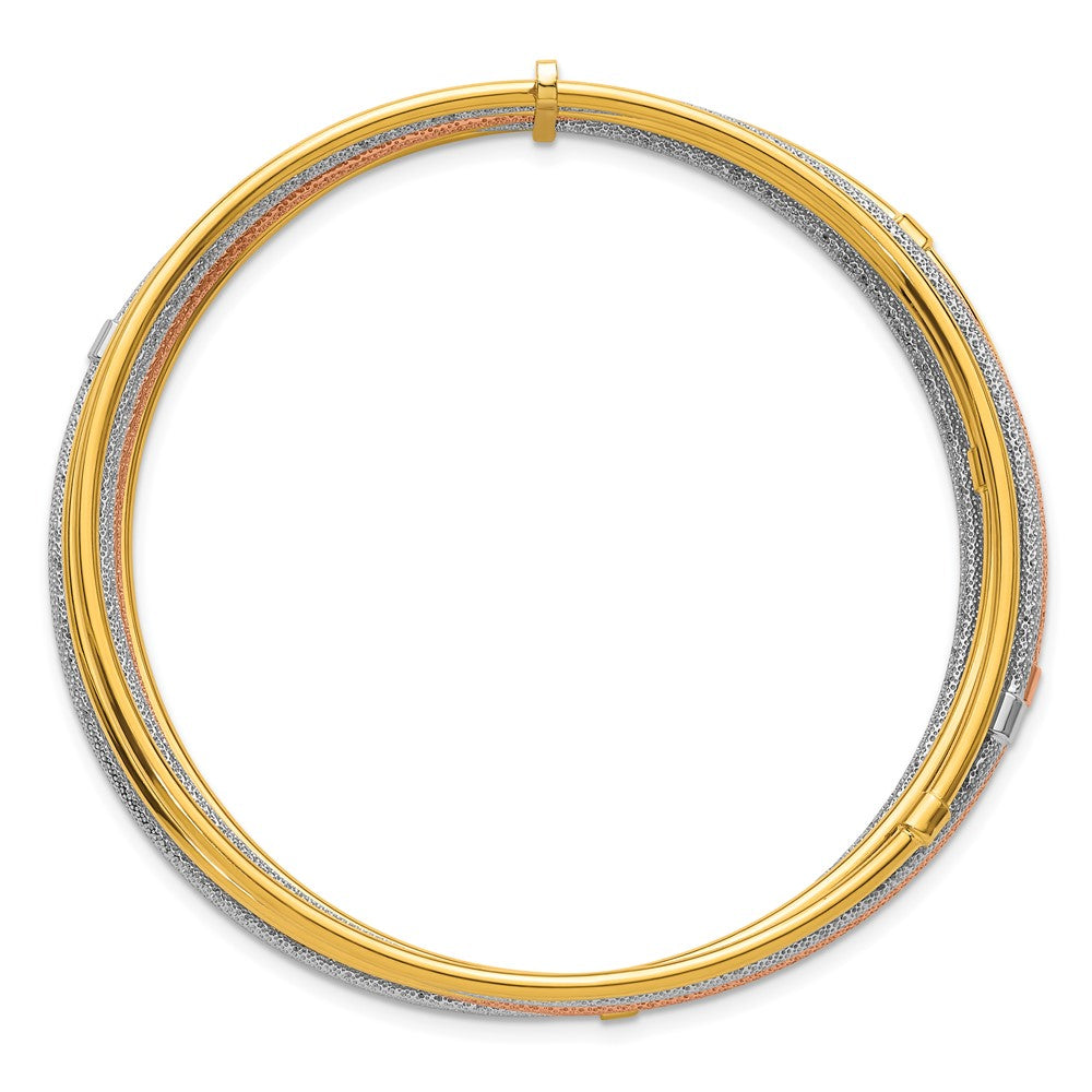 14K Tri-Color Gold with and Rhodium Polished and Textured Beaded 7-Strand Slip-On Round Bangle Bracelet