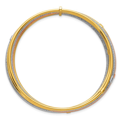 14K Tri-Color Gold with and Rhodium Polished and Textured Beaded 7-Strand Slip-On Round Bangle Bracelet