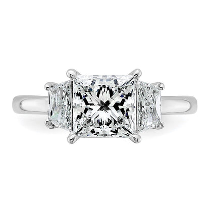 14K White Gold 2 3/4 carat Lab Grown Diamond VS+ F+ Princess and Trapezoid Complete Three Stone Engagement Ring