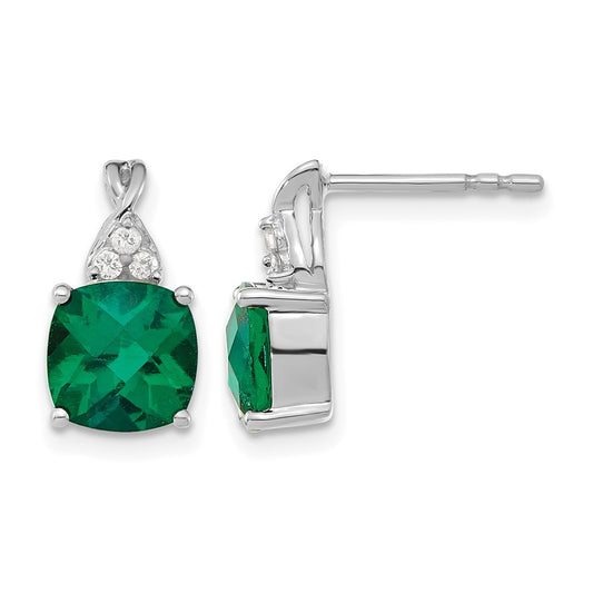 14K White Gold 7mm Cushion Checkerboard May/Lab Created Emerald and Diamond Post Earrings