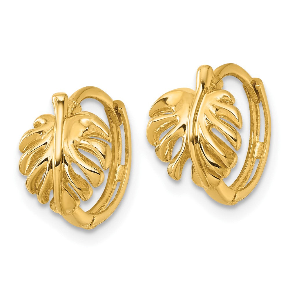 14K Yellow Gold Polished Monstera Leaf Round Hinged Hoop Earrings