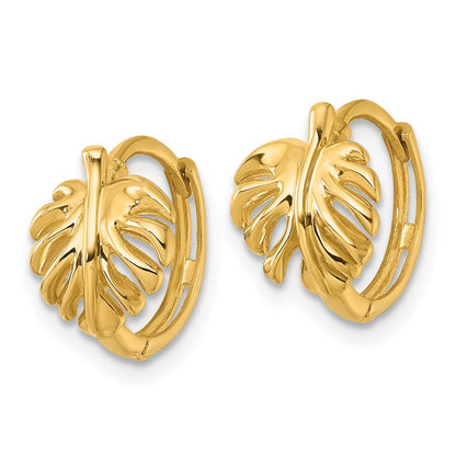 14K Yellow Gold Polished Monstera Leaf Round Hinged Hoop Earrings