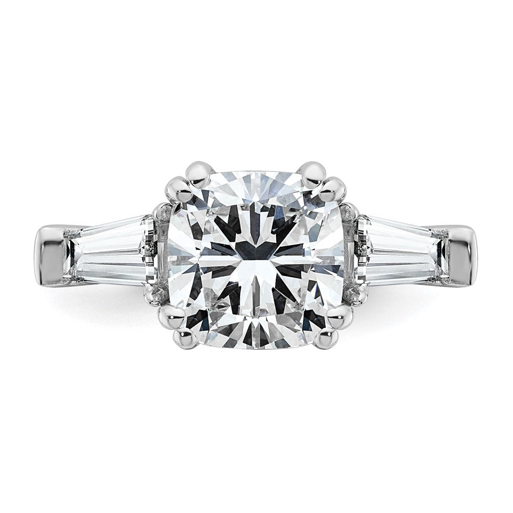 14K White Gold 3 3/4 carat Lab Grown Diamond VS+ F+ Cushion and Tapered Baguette Complete Three Stone Engagement Ring