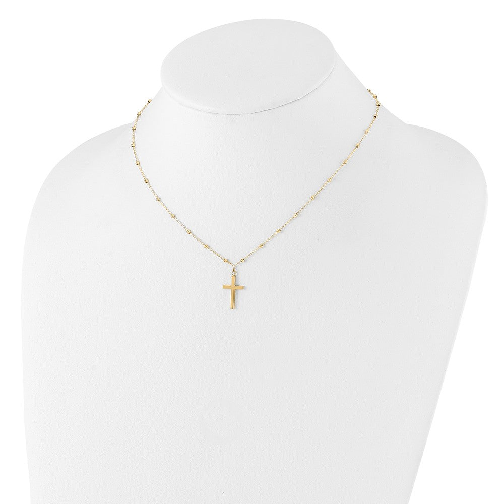 14K Yellow Gold Mirror Beaded Chain with Polished Cross Pendant 16.25 Inch Necklace Plus 2 Inch Extender