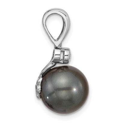 14K White Gold 11-12mm Black Round Tahitian Saltwater Cultured Pearl and .05 Carat Diamond Pendant