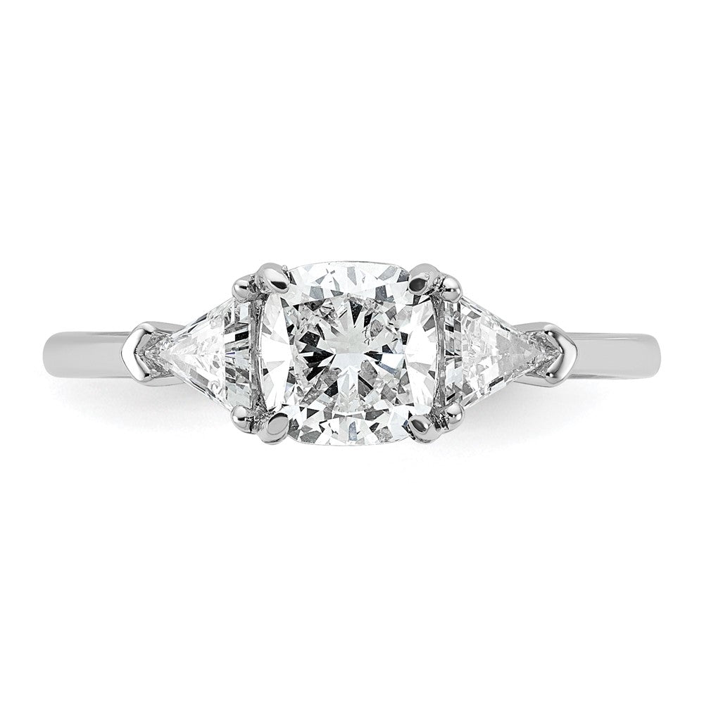 14K White Gold 1 1/2 carat Certified Lab Grown Diamond VS+ F+ Cushion and Triangle Complete Three Stone Engagement Ring