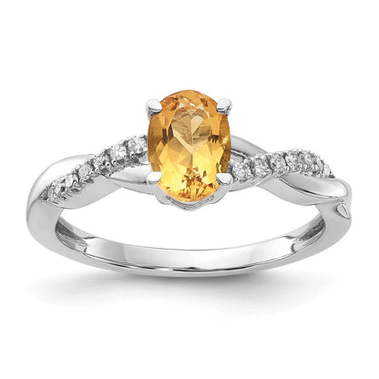 14K White Gold 7x5 Oval November/Citrine and Diamond Size 7 Ring