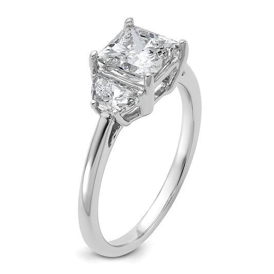 14K White Gold 2 carat Certified Lab Grown Diamond VS+ F+ Princess and Half Moon Complete Three Stone Engagement Ring