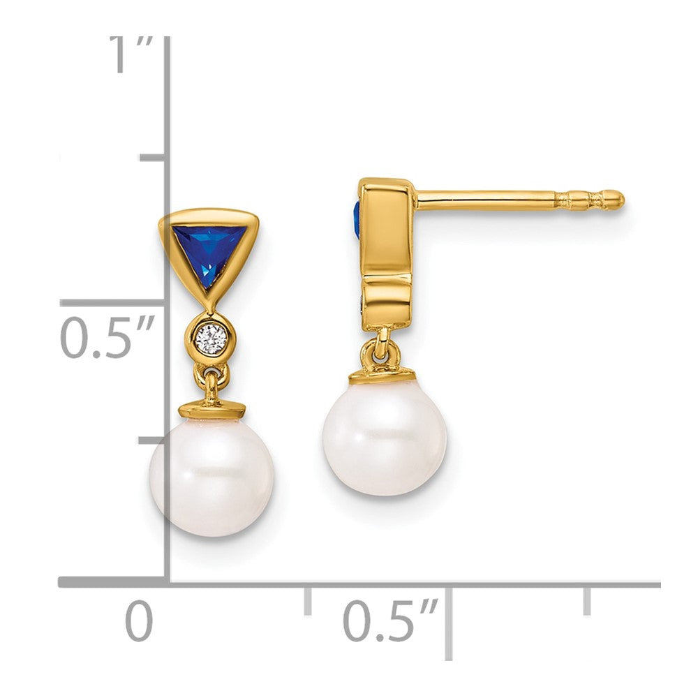 14K Yellow Gold Round Freshwater Cultured Pearl/.02 carat Diamond/Trillion Sapphire Dangle Post Earrings
