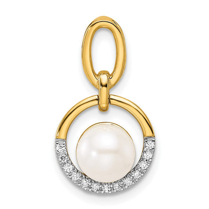 14K Yellow Gold Polished 1/15 carat Diamond and Freshwater Cultured Pearl Open Circle Pendant