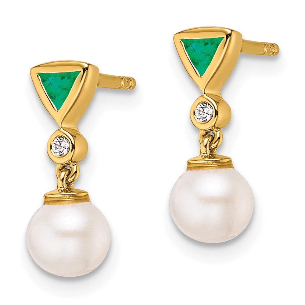 14K Yellow Gold Round Freshwater Cultured Pearl/.02 carat Diamond/Trillion Emerald Dangle Post Earrings
