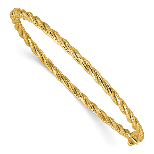 14K Yellow Gold Polished and Diamond-cut Twisted Hinged Bangle
