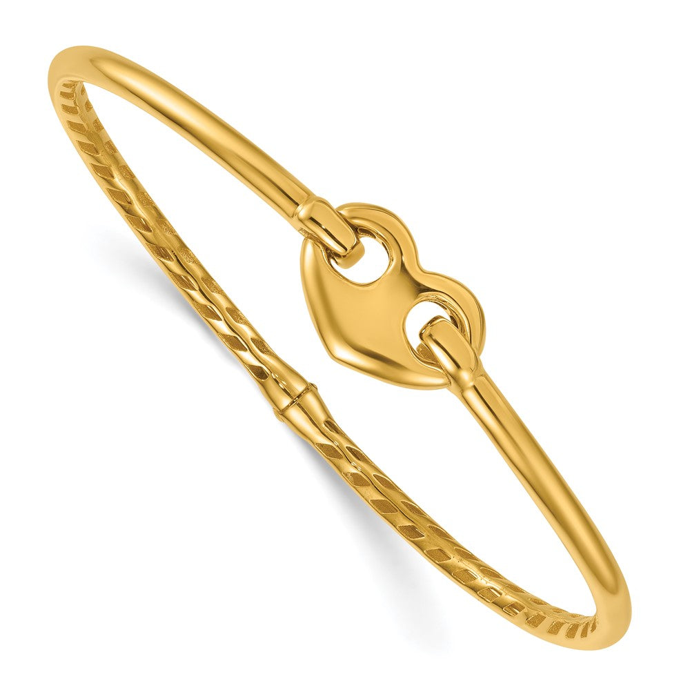 14K Yellow Gold Polished Heart Clasp Hinged Oval Bangle Bracelet