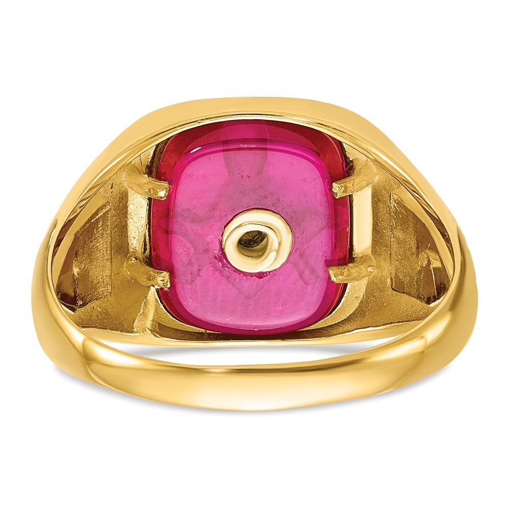 14K Yellow Gold Men's Polished and Textured with Black Enamel and Lab Created Ruby Masonic Ring