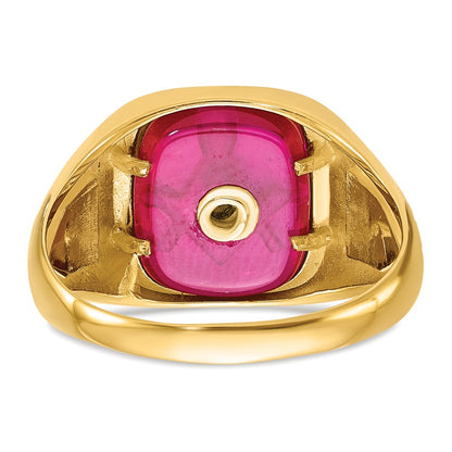 14K Yellow Gold Men's Polished and Textured with Black Enamel and Lab Created Ruby Masonic Ring