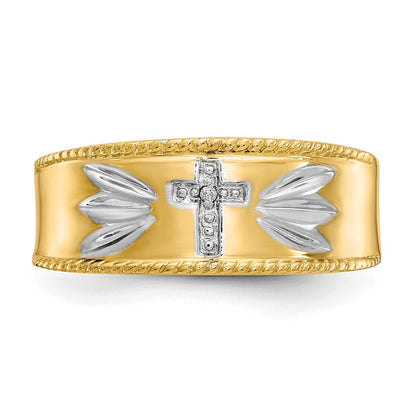 14K Yellow Gold with Rhodium Men's .01ct. Diamond Trio Cross Wedding Band Ring
