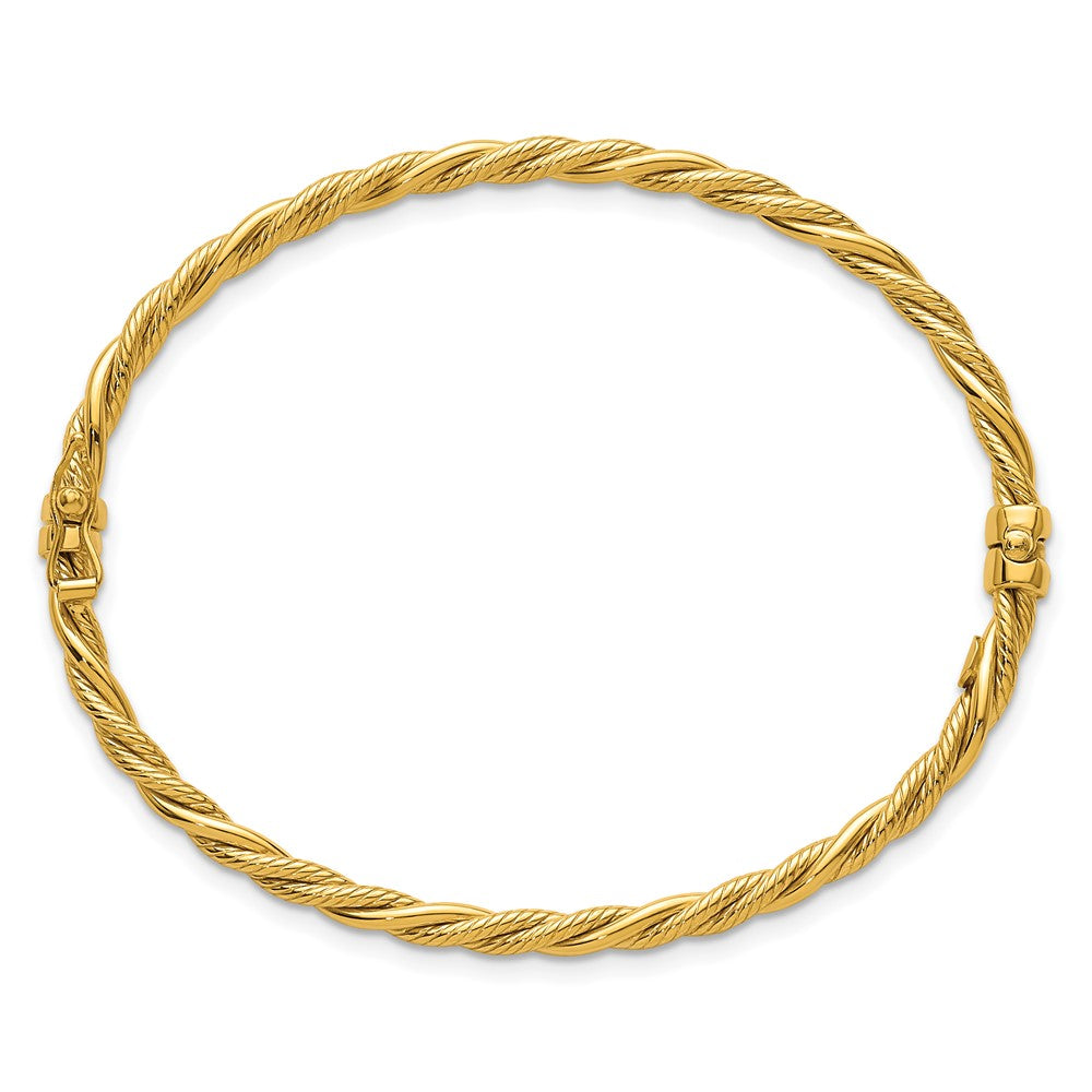 14K Yellow Gold Polished and Textured 3.25mm Twisted Hinged Oval Bangle Bracelet