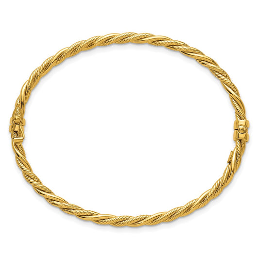 14K Yellow Gold Polished and Textured 3.25mm Twisted Hinged Oval Bangle Bracelet