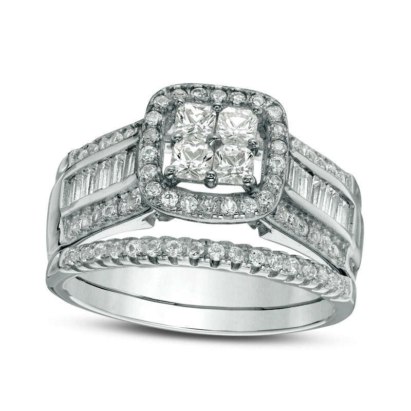 CUSTOM ORDER (SOLDERED) Quad Princess-Cut Lab-Created White Sapphire Frame Bridal Engagement Ring Set in Sterling Silver