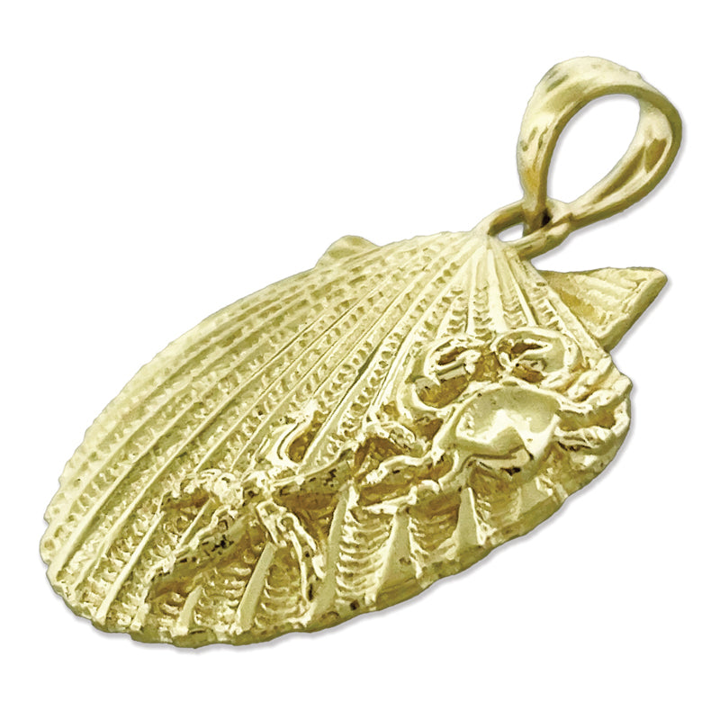 14K Gold Scallop Shell with Crab and Starfish Pendant