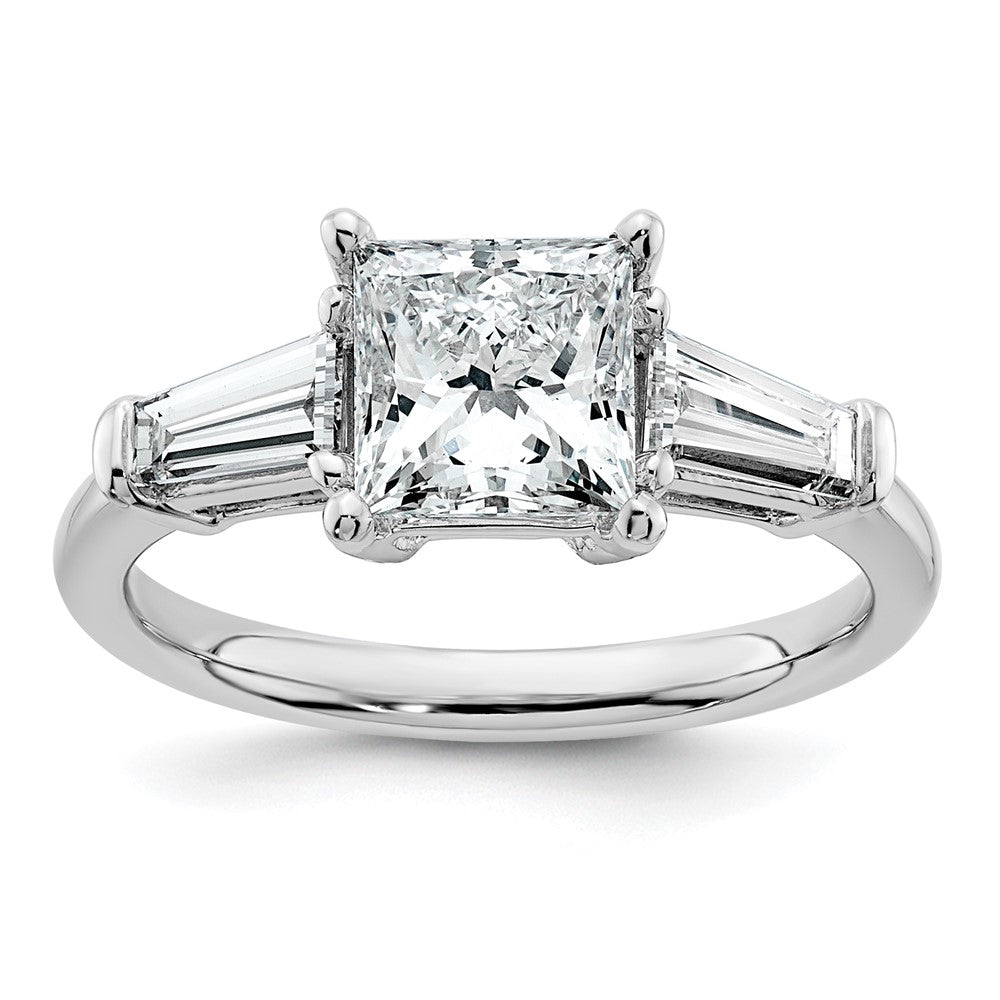 14K White Gold 3/4 carat Lab Grown Diamond VS+ F+ Tapered Baguette 1 1/2 carat Princess Center Semi Mount Three Stone Engagement Ring